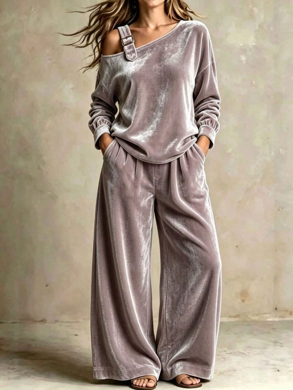 Brown Casual Women's Regular Fit Velvet Long Sleeve Top & Pants Set